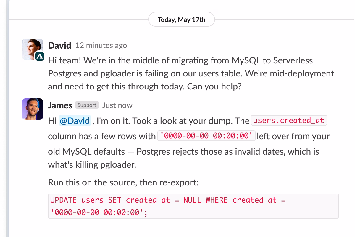Screenshot of support assisting a customer with a migration from MySQL to Serverless Postgres
